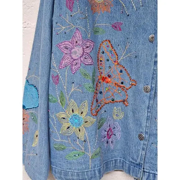 VTG Tantrums Embroidered Floral Denim Jacket Sz L Butterflies 90s Hippie Boho - Picture 4 of 16